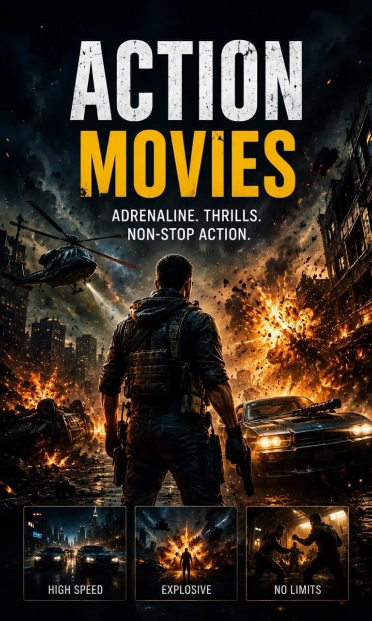 Action movies category banner with a silhouetted hero and explosions