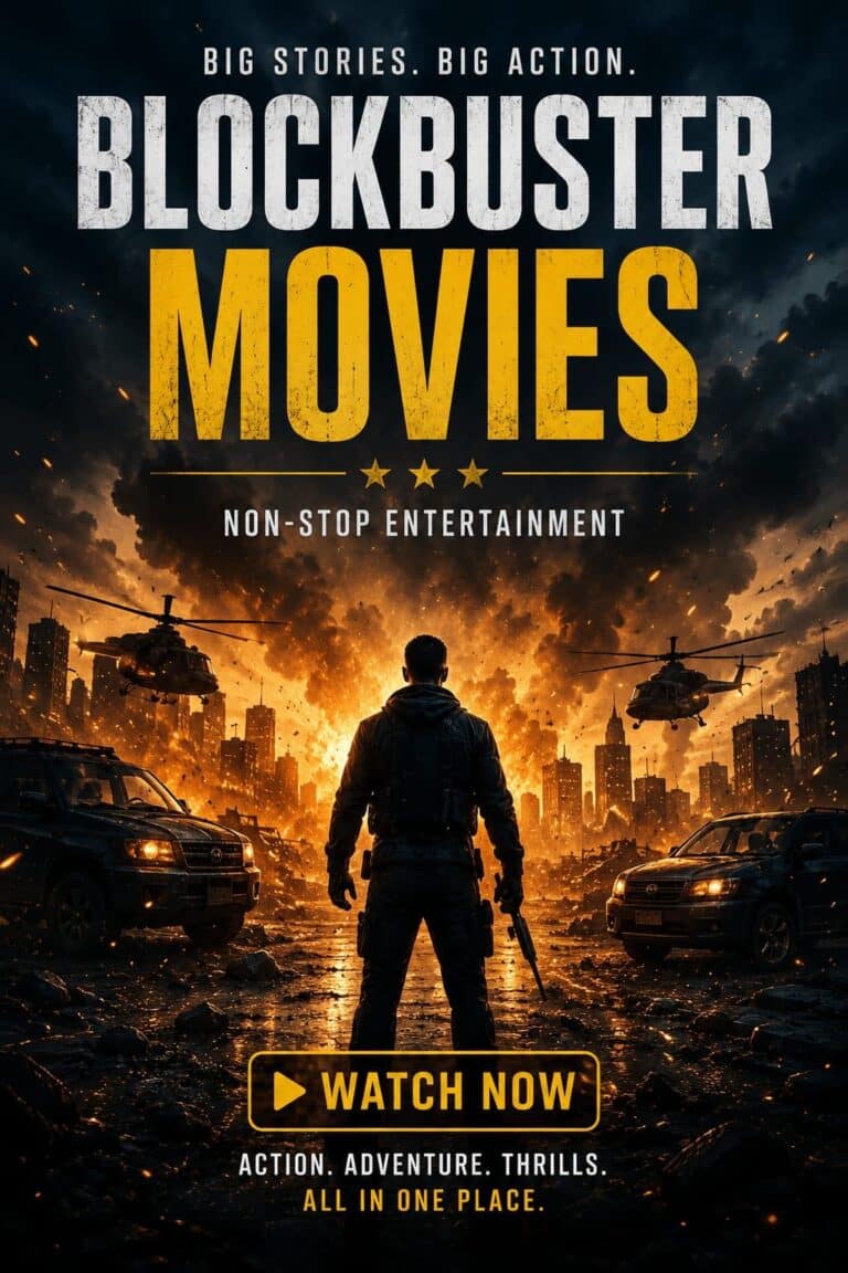 Blockbuster action movies banner with a dramatic action scene