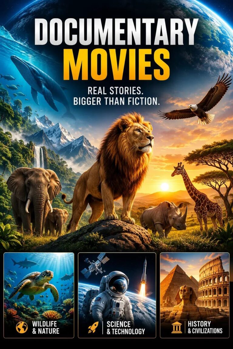 Documentary movies category banner featuring wildlife and world landmarks