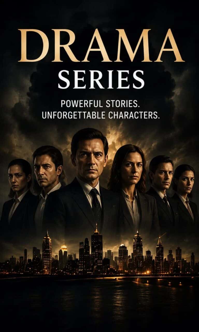 Drama series category banner with an ensemble cast against a city skyline