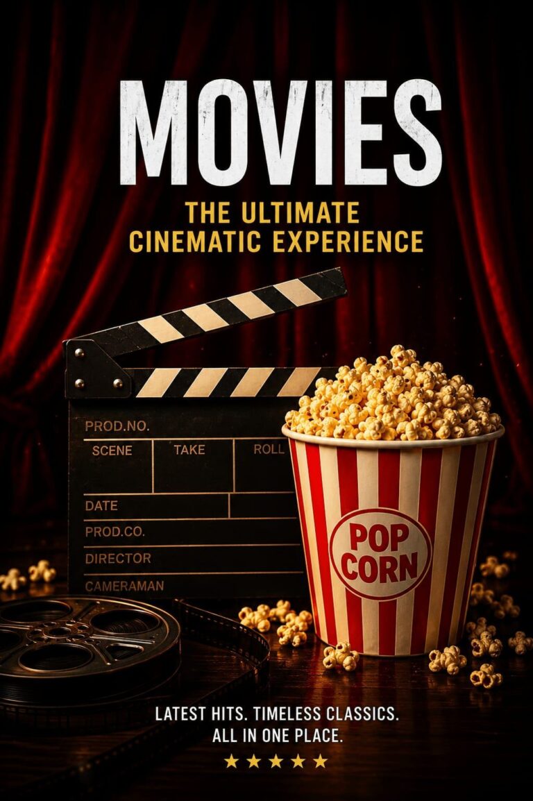 Movies category banner with clapperboard, popcorn and film reel artwork