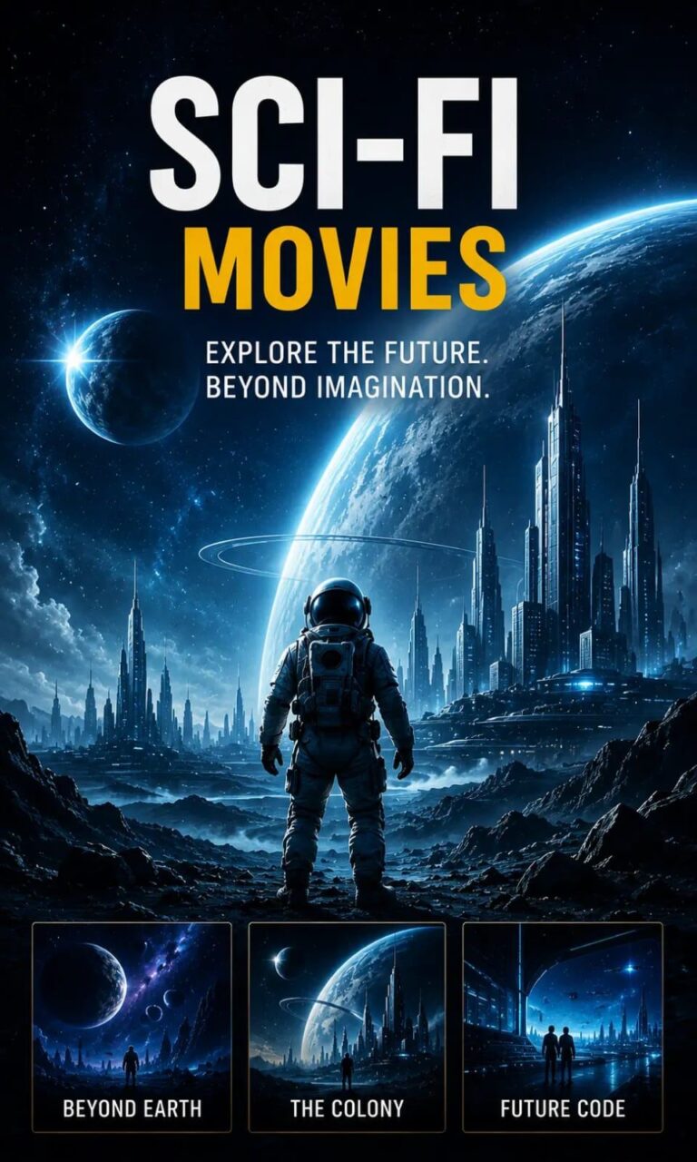 Sci-fi movies category banner featuring an astronaut before a futuristic city