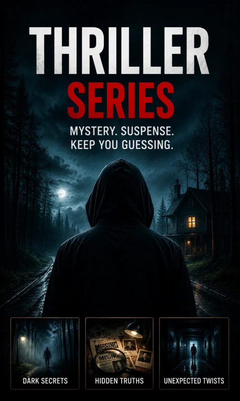 Thriller series category banner with a hooded figure on a dark forest path