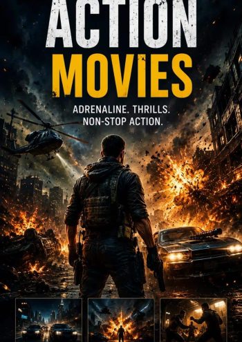 best iptv Action movies category banner with a silhouetted hero and explosions