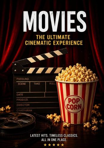 best iptv Movies category banner with clapperboard, popcorn and film reel artwork