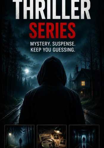 best iptv Thriller series category banner with a hooded figure on a dark forest path
